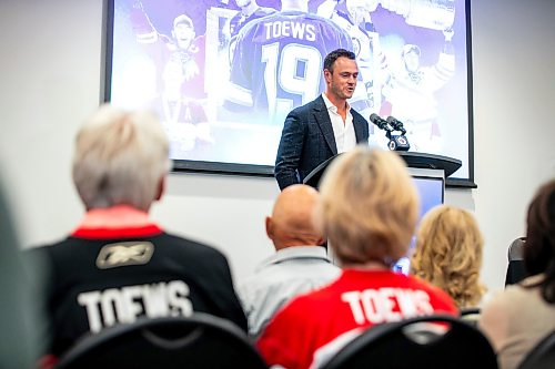 MIKAELA MACKENZIE / FREE PRESS
	
Jonathan Toews announces his retirement at the Jonathan Toews Sportsplex on Friday, June 19, 2026.

For sports story.
Free Press 2026