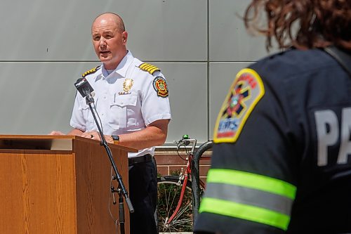 MIKE DEAL / FREE PRESS
Chief of Fire Paramedic Service Christian Schmidt speaks during the event.
To kickoff the SIRENS FOR LIFE campaign blood donation drive, members of the WFPS take the time to donate Monday afternoon.
During the kickoff event which took place in front of Canadian Blood Services at 777 William Avenue, Chief of Police Gene Bowers, Chief of Fire Paramedic Service Christian Schmidt, RCMPs Derek Inglis, Aide-de-Camp for Lt.-Gov. Anita Neville, and Paramedic Jamie McClintock spoke about the importance of donating blood.
Reporter: Maggie Macintosh
260622 - Monday, June 22, 2026.