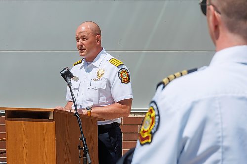MIKE DEAL / FREE PRESS
Chief of Fire Paramedic Service Christian Schmidt speaks during the event.
To kickoff the SIRENS FOR LIFE campaign blood donation drive, members of the WFPS take the time to donate Monday afternoon.
During the kickoff event which took place in front of Canadian Blood Services at 777 William Avenue, Chief of Police Gene Bowers, Chief of Fire Paramedic Service Christian Schmidt, RCMPs Derek Inglis, Aide-de-Camp for Lt.-Gov. Anita Neville, and Paramedic Jamie McClintock spoke about the importance of donating blood.
Reporter: Maggie Macintosh
260622 - Monday, June 22, 2026.