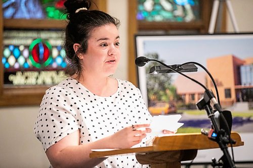 MIKAELA MACKENZIE / FREE PRESS
Parent and member of the South Osborne Childcare Coalition Karleee MacDonald speaks at a media event announcing plans to turn Churchill Park United Church into South Osborne Commons (a childcare centre and community space) on Tuesday, June 23, 2026.
For Nicole story.
Free Press 2026