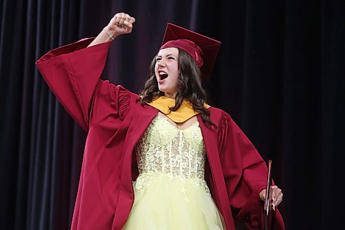 23062026
Graduate Eliza Taggart pumps her fist in celebration while receiving her diploma during the Crocus Plains Regional Secondary School Class of 2026 convocation ceremony at Assiniboine Credit Union Place on Tuesday.
(Tim Smith/The Brandon Sun)