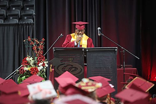 23062026
Graduate MQ Apena delivers the valedictory address during the Crocus Plains Regional Secondary School Class of 2026 convocation ceremony at Assiniboine Credit Union Place on Tuesday.
(Tim Smith/The Brandon Sun)