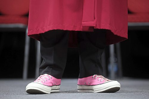 23062026
Graduate Benzie McEachen wears bright pink Converse shoes during the Crocus Plains Regional Secondary School Class of 2026 convocation ceremony at Assiniboine Credit Union Place on Tuesday. 
 (Tim Smith/The Brandon Sun)