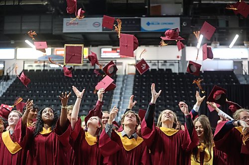 23062026
Graduates from Crocus Plains Regional Secondary School toss their mortarboards in the air following their convocation ceremony at Assiniboine Credit Union Place on Tuesday.
(Tim Smith/The Brandon Sun)