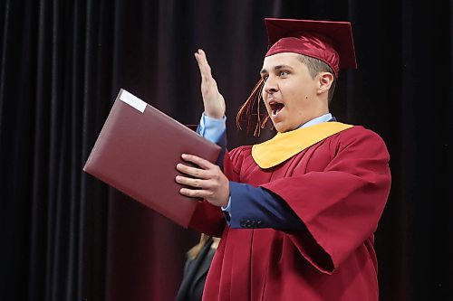 23062026
Graduate Jackson Sylvester celebrates while receiving his diploma during the Crocus Plains Regional Secondary School Class of 2026 convocation ceremony at Assiniboine Credit Union Place on Tuesday.
(Tim Smith/The Brandon Sun)