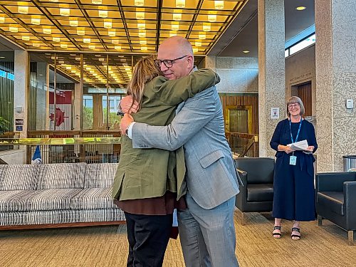 Malak Abas / Free Press
Winnipeg City Councillor Janice Lukes hugs Mayor Scott Gillingham during her speech announcing she would not be running for re-election this term.
June 24, 2026