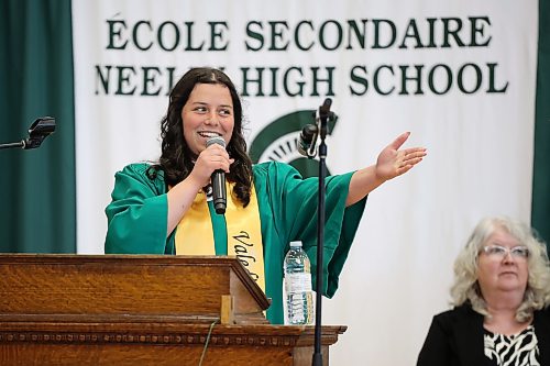 24062026
Valedictorian Dana Linov delivers her address during École Secondaire Neelin High School’s 2026 convocation at the Brandon University Healthy Living Centre on Wednesday.
(Tim Smith/The Brandon Sun)