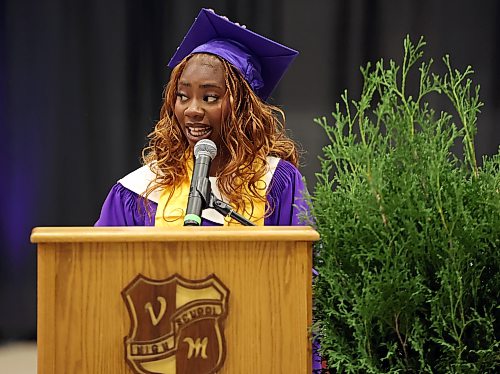Loveth Aso delivers the valedictory address during Vincent Massey High School's 2026 graduation ceremony at Assiniboine Credit Union Place on Thursday. (Photos by Tim Smith/The Brandon Sun)