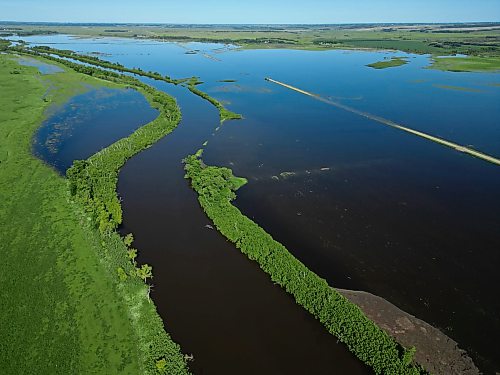 25062026
Flood waters from the swollen Assiniboine River cover farmland and submerge portions of a grid road bisecting Highway 250 north of Alexander on Thursday.
(Tim Smith/The Brandon Sun)default