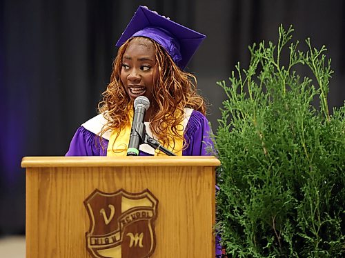 25062026
Loveth Aso delivers the valedictory address during the Vincent Massey High School class of 2026 graduation ceremony at Assiniboine Credit Union Place on Thursday. 
 (Tim Smith/The Brandon Sun)