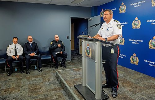 MIKE DEAL / FREE PRESS
Winnipeg Police Chief Gene Bowers speaks during a press conference to discuss a recently launched initiative in relation to open drug-use and drug trafficking in public places.
Mayor Scott Gillingham (second from left), and WPS Superintendent Brian Miln (left), listen while the Chief Bowers speaks.
Reporter: Scott Billeck
260626 - Friday, June 26, 2026.