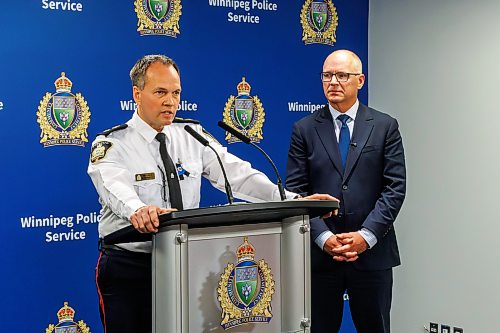 MIKE DEAL / FREE PRESS
WPS Superintendent Brian Miln speaks while Mayor Scott Gillingham listens during a press conference to discuss a recently launched initiative in relation to open drug-use and drug trafficking in public places.
Reporter: Scott Billeck
260626 - Friday, June 26, 2026.
