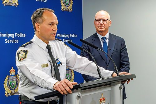 MIKE DEAL / FREE PRESS
WPS Superintendent Brian Miln speaks while Mayor Scott Gillingham listens during a press conference to discuss a recently launched initiative in relation to open drug-use and drug trafficking in public places.
Reporter: Scott Billeck
260626 - Friday, June 26, 2026.