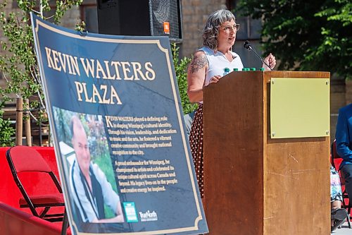 MIKE DEAL / FREE PRESS
Ginette Lavack MP for St. Boniface—St. Vital speaks during the grand opening of the plaza outside the Burton Cummings Theatre named after her late husband Kevin Walters, Friday afternoon.
Standup
260626 - Friday, June 26, 2026.