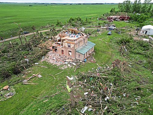 29062026
The devastation to the home and property belonging to Brian and Bernadine Brown south of Rossburn, Manitoba is visible on Monday after a powerful tornado hit the property on Sunday evening while Brian and Bernadine were inside. Their home, several other buildings on the property, vehicles and hundreds of trees were all heavily damaged by the tornado, but luckily escaped uninjured.
(Tim Smith/The Brandon Sun)