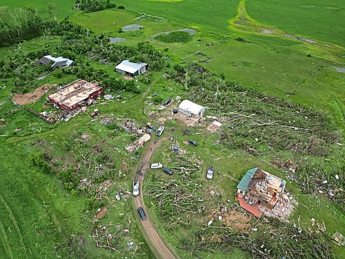 29062026
The devastation to the home and property belonging to Brian and Bernadine Brown south of Rossburn, Manitoba is visible on Monday after a powerful tornado hit the property on Sunday evening while Brian and Bernadine were inside. Their home, several other buildings on the property, vehicles and hundreds of trees were all heavily damaged by the tornado, but luckily escaped uninjured. 
(Tim Smith/The Brandon Sun)