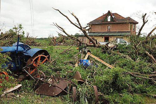29062026
The home belonging to Brian and Bernadine Brown south of Rossburn, Manitoba on Monday after a powerful tornado hit the property on Sunday evening while Brian and Bernadine were inside. Their home, several other buildings on the property, vehicles and hundreds of trees were all heavily damaged by the tornado, but luckily escaped uninjured.
(Tim Smith/The Brandon Sun)