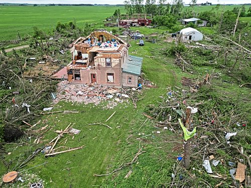 29062026
The devastation to the home and property belonging to Brian and Bernadine Brown south of Rossburn, Manitoba is visible on Monday after a powerful tornado hit the property on Sunday evening while Brian and Bernadine were inside. Their home, several other buildings on the property, vehicles and hundreds of trees were all heavily damaged by the tornado, but luckily escaped uninjured.
(Tim Smith/The Brandon Sun)