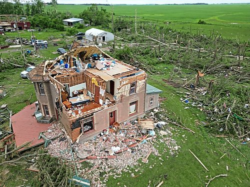 29062026
The devastation to the home and property belonging to Brian and Bernadine Brown south of Rossburn, Manitoba is visible on Monday after a powerful tornado hit the property on Sunday evening while Brian and Bernadine were inside. Their home, several other buildings on the property, vehicles and hundreds of trees were all heavily damaged by the tornado, but luckily escaped uninjured.
(Tim Smith/The Brandon Sun)