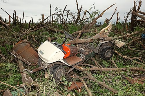 29062026
Damage to vehicles and buildings including a historic barn at the property belonging to Brian and Bernadine Brown south of Rossburn, Manitoba on Monday after a powerful tornado hit the property on Sunday evening while Brian and Bernadine were inside. Their home, several other buildings on the property, vehicles and hundreds of trees were all heavily damaged by the tornado, but luckily escaped uninjured.
(Tim Smith/The Brandon Sun)
