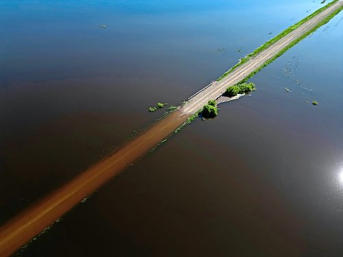 25062026
Flood waters from the swollen Assiniboine River cover farmland and submerge portions of a grid road bisecting Highway 250 north of Alexander on Thursday.
(Tim Smith/The Brandon Sun)default
