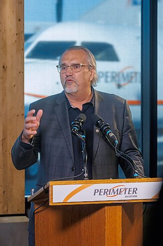 MIKE DEAL / FREE PRESS
Michael Pyle, CEO and Director of Exchange Income Corporation, speaks during the grand opening of the newly expanded terminal at Perimeter Aviation, 626 Ferry Road, Thursday morning.
Reporter: Martin Cash
250320 - Thursday, March 20, 2025.