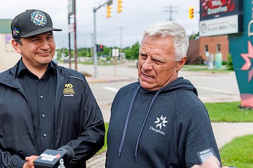 MIKE DEAL / FREE PRESS
Mayor of Dauphin, David Bosiak, answers questions while Manitoba Premier Wab Kinew during a brief press conference in Dauphin, MB.
Manitoba Premier Wab Kinew flew to Dauphin, MB and Swan River, MB on Thursday to get a first hand look at some of the flood damage and to meet with officials and victims who are still in the midst of dealing with the situation.
260702 - Thursday, July 02, 2026.