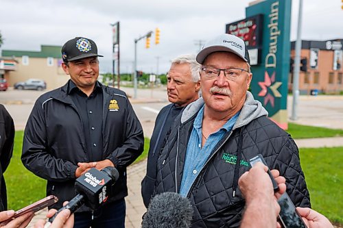 MIKE DEAL / FREE PRESS
RM of Dauphin Reeve Ernie Sirski, answers questions during a brief press conference in Dauphin, MB. 
Manitoba Premier Wab Kinew flew to Dauphin, MB and Swan River, MB on Thursday to get a first hand look at some of the flood damage and to meet with officials and victims who are still in the midst of dealing with the situation.
260702 - Thursday, July 02, 2026.