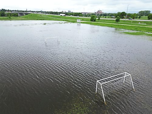03062026
Flood water from the rising Assiniboine River covers the Optimist Soccer Park along First Street North in Brandon on Friday. 
(Tim Smith/The Brandon Sun)