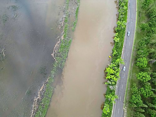 03062026
Flood water from the rising Assiniboine River covers park land along First Street North in Brandon on Friday.
(Tim Smith/The Brandon Sun)
