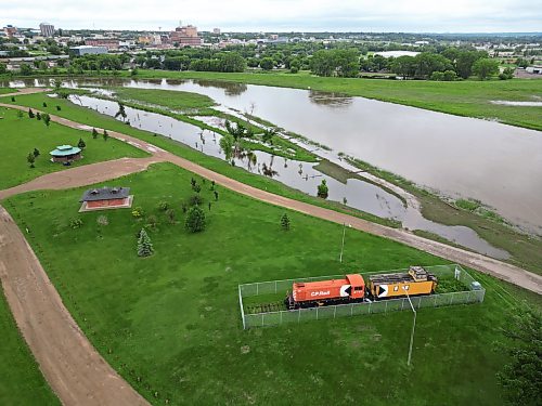 03062026
Flood water from the rising Assiniboine River covers parts of Dinsdale Park along First Street North in Brandon on Friday.
(Tim Smith/The Brandon Sun)