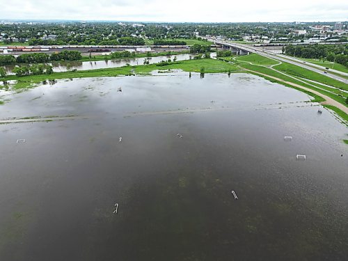 03062026
Flood water from the rising Assiniboine River covers the Optimist Soccer Park along First Street North in Brandon on Friday. 
(Tim Smith/The Brandon Sun)