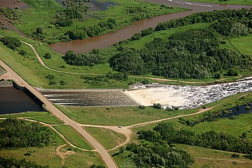 06072026
Water pours through the Shellmouth Dam spillway at Lake of the Prairies west of Russell, Manitoba, as seen from the air on Monday. 
(Tim Smith/The Brandon Sun)