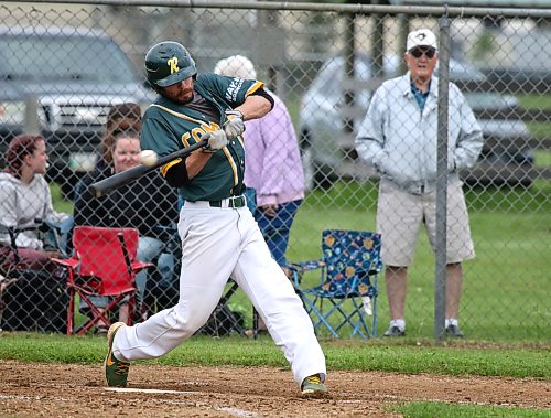 Two-time South West Baseball League MVP Scott Beever connects with a pitch during Friday's game. (Thomas Friesen/The Brandon Sun)