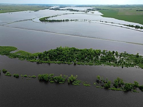09072026
Water from the swollen Assiniboine River covers land near Highway 21 south of Sioux Valley Dakota Nation on Thursday. The section of the highway through the river valley is currently closed due to the flooding. 
(Tim Smith/The Brandon Sun)