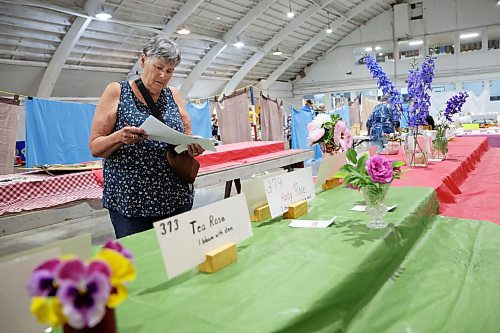 Lillian Strahl looks over the cut flower entries while making sure everything is organized accurately for judges. Competitors entered a wide variety of categories, including canning, baking, artwork, quilting and many others. (Tim Smith/The Brandon Sun)
