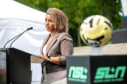 MIKAELA MACKENZIE / FREE PRESS
Team co-founder Desiree Scott speaks at the official announcement of the Northern Super Leagueճ expansion to Winnipeg on Tuesday, July 14, 2026.
For Gabby story.
Free Press 2026