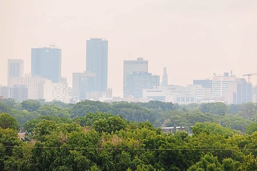 MIKE DEAL / FREE PRESS
The smoke filled skyline of downtown Winnipeg caused by forest fires in Northwestern Ontario. Poor air quality is forecast, so, people with health risks should limit their time outdoors.
260717 - Friday, July 17, 2026.
