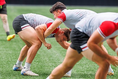 MIKE DEAL / FREE PRESS
Jacob Ince and a team mate run a drill during practice.
Members of Canada’s Men's Rugby Team take part in the Captain's Run Friday morning at Princess Auto Stadium ahead of their World Rugby Nations Cup match against Zimbabwe on July 18th.
Reporter: Josh Frey-Sam
260717 - Friday, July 17, 2026.