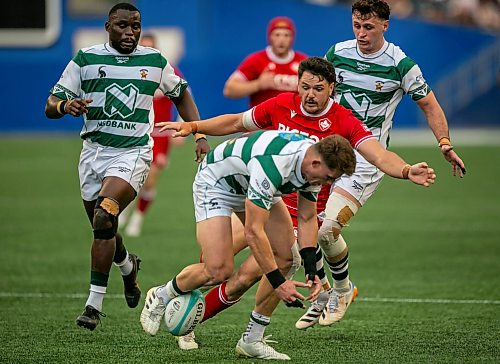 BROOK JONES/FREE PRESS
Canadian men’s national rugby union face No. 24 Zimbabwe In the third match of pool play in the inaugural World Rugby Nations Cup at Princess Auto Stadium in Winnipeg, Man., Saturday, July 18, 2026. Pictured: Team Canada player Spencer Jones (No. 13) runs towards the ball.