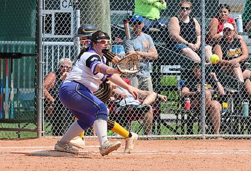 Westman Magic base runner Rose Cochrane (8) beats the throw to Central Energy first baseman Mya Richard (17) during the semifinal of Softball Manitoba's under-17 provincial championship at Ashley Neufeld Softball Complex on Sunday afternoon. (Perry Bergson/The Brandon Sun)
July 19, 2026