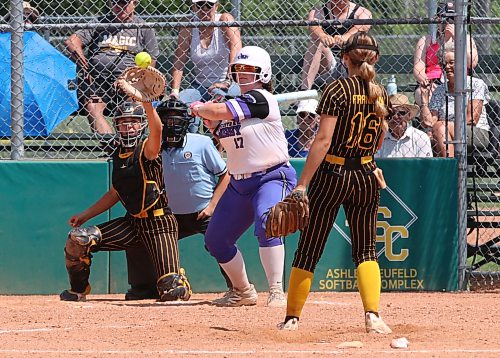 Westman Magic catcher Rachel Lyver reaches up to snag a high pitch by Callie Franklin (16) as Central Energy hitter Mya Richard (17) looks on during the semifinal of Softball Manitoba's under-17 provincial championship at Ashley Neufeld Softball Complex on Sunday afternoon. (Perry Bergson/The Brandon Sun)
July 19, 2026