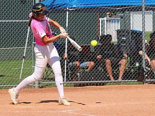 Westman Magic batter Jaycee Hackywicz hammers out a hit against the Interlake Phillies in under-13 Manitoba Premier Softball League action at Ashley Neufeld Softball Complex on July 12. The team likes to swing the bat. (Perry Bergson/The Brandon Sun)
July 12, 2026