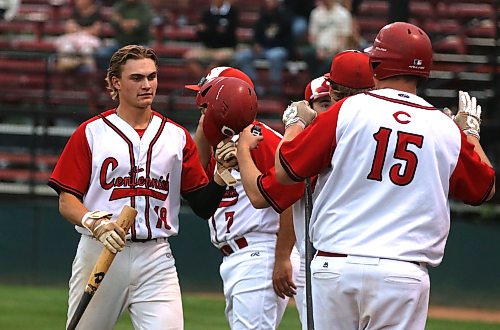 Connor Martin, left, of the Boissevain Centennials, celebrates with his teammates after scoring the second run in a 4-2 victory over the Brandon Cardinals during Game 4 of the South West Baseball League semifinal series at Andrews Field on Tuesday evening. The Cents won the series 3-1. (Perry Bergson/The Brandon Sun) 
July 21, 2026 
