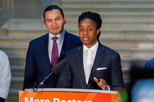 MIKE DEAL / FREE PRESS
Health, Seniors and Long-Term Care Minister Uzoma Asagwara speaks during the event.
Premier Wab Kinew and Health, Seniors and Long-Term Care Minister Uzoma Asagwara along with Dr. Jesse Krikorian who came from Michigan, USA, and now works as a primary care doctor at Klinic, Dr. Cynthia Sawatzky a family physician from Winnipeg, and Dr Ogo Chukwujama, Chief Provincial Psychiatrist and Director of Psychiatric services, during an announcement at the Manitoba Legislative building, that the government has recruited 13 U.S.-trained physicians through its Health Care Retention and Recruitment Office to practise in communities across the province.
Reporter: Carol Sanders
260123 - Friday, January 23, 2026.