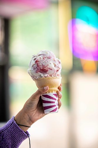 MIKAELA MACKENZIE / FREE PRESS
	
Raspberry lemon curd cheesecake ice cream at Neon Cone on Tuesday, July 21, 2026. 

For AV story.
Free Press 2026