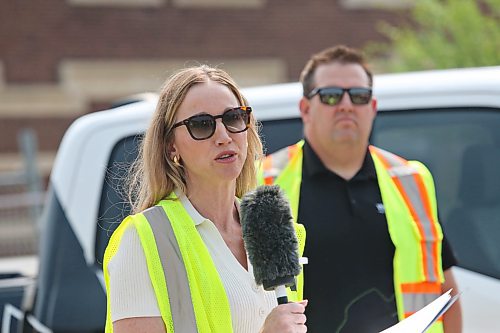 Sneath Group CEO Dr. Robyn Sneath speaks during a groundbreaking ceremony for the construction of a 72-unit multi-family residential development at 1200 Pacific Avenue. The Eddy Residences project, named after the former Prince Edward Hotel that once stood in Brandon’s downtown, is valued at an estimated $19.2 million. The project is being developed by Keller Group Company Westman Premier homes in collaboration with Bowerbird and the newly formed Sneath Keller Development, with funding support from the City of Brandon and the Government of Canada through the federal Housing Accelerator Fund. (Matt Goerzen/The Brandon Sun)