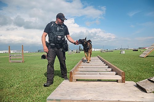 Const. Skyler Goretzki, a K9 handler with the Lac Seul Police Service in Ontario, works out at the canine training course at the Brandon Municipal Airport with Torvi, his 15-month-old Belgian-Malinois. Goretzki and Torvi have been training in Brandon since May through Manitoba’s Office of the Fire Commissioner. (Matt Goerzen/The Brandon Sun)