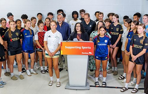 MIKE DEAL / FREE PRESS
Surrounded by young soccer athletes, Sports, Culture, Heritage and Tourism Minister Nellie Kennedy announces that the provincial government will be investing $750,000 to support upgrades to the Ralph Cantafio Soccer Complex (900 Waverley Street).
Héctor Vergara, executive director, Manitoba Soccer Association, and Raff Cantafio, Cantafio family also spoke, both getting emotional during their speeches.
Reporter: Grace Penner
260724 - Friday, July 24, 2026.