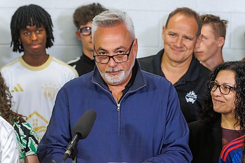 MIKE DEAL / FREE PRESS
Raff Cantafio speaks during the announcement, getting emotional while talking about his father, Ralph Cantafio.
Surrounded by young soccer athletes, Sports, Culture, Heritage and Tourism Minister Nellie Kennedy announces that the provincial government will be investing $750,000 to support upgrades to the Ralph Cantafio Soccer Complex (900 Waverley Street).
Héctor Vergara, executive director, Manitoba Soccer Association, and Raff Cantafio, Cantafio family also spoke, both getting emotional during their speeches.
Reporter: Grace Penner
260724 - Friday, July 24, 2026.